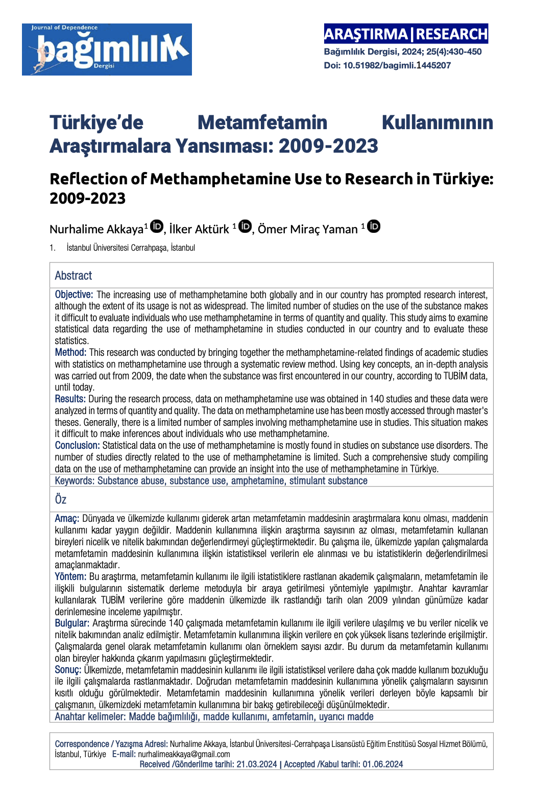 Türkiye'de Metamfetamin Kullanımının Araştırmalara Yansıması 2009-2023